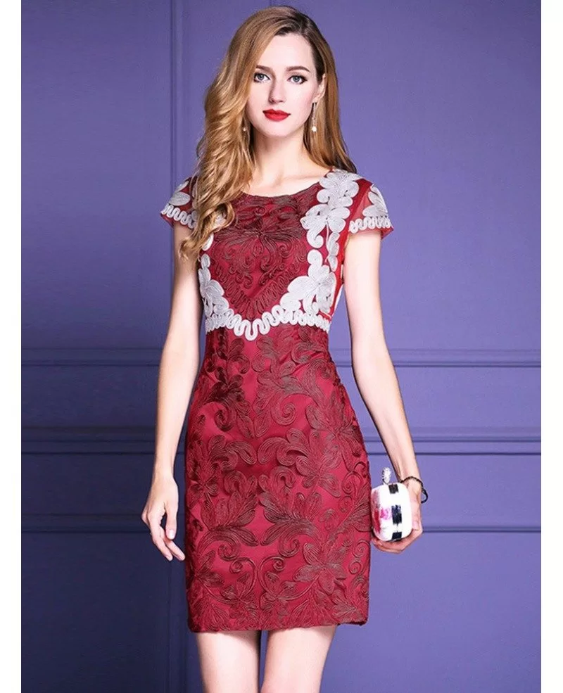 Unique Burgundy Embroidery Cocktail Dress For Weddings Cap Sleeves # ...