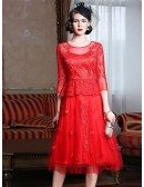 Knee Length Red Lace A Line Party Dress For Wedding Guests