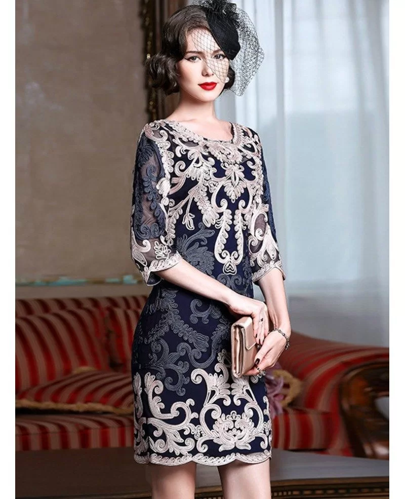 High-end Navy Blue Embroidery Cocktail Dress For Women 40,50 Wedding