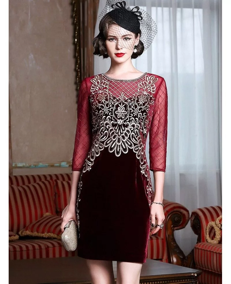 Luxury Embroidered Bodycon Velvet Wedding Guest Dress For Fall Weddings ZL8111 GemGrace