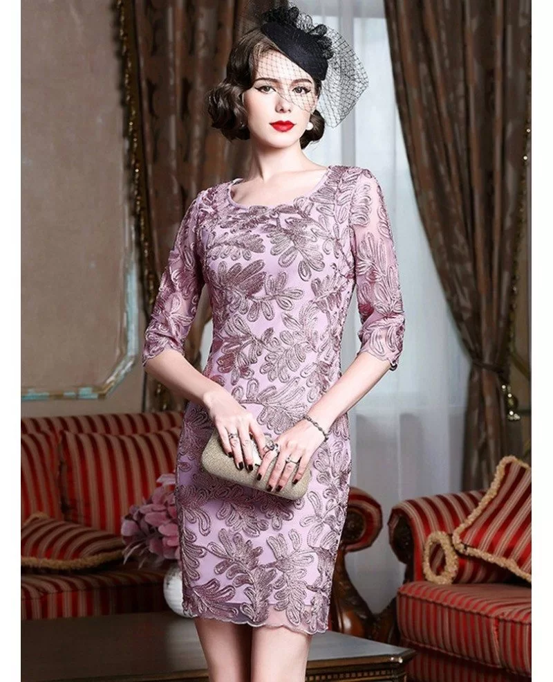 Elegant Pink Embroidery Fitted Cocktail Party Dress With Sleeves # ...