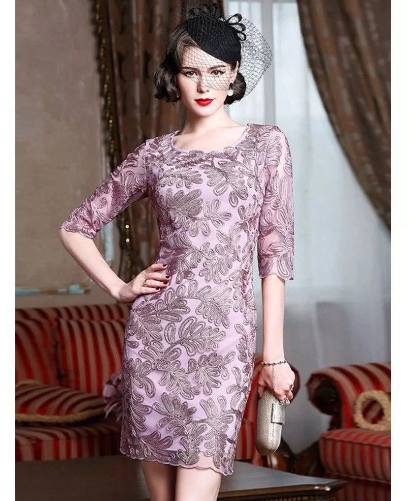 Elegant Pink Embroidery Fitted Cocktail Party Dress With Sleeves # ...