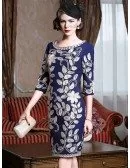 Navy Blue Leaf Pattern Formal Weddings Cocktail Party Dress For Women