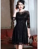 Classy Black Lace Fit And Flare Dress With Lace Sleeves For Weddings