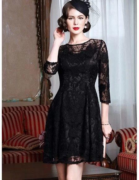 Classy Black Lace Fit And Flare Dress With Lace Sleeves For Weddings # ...