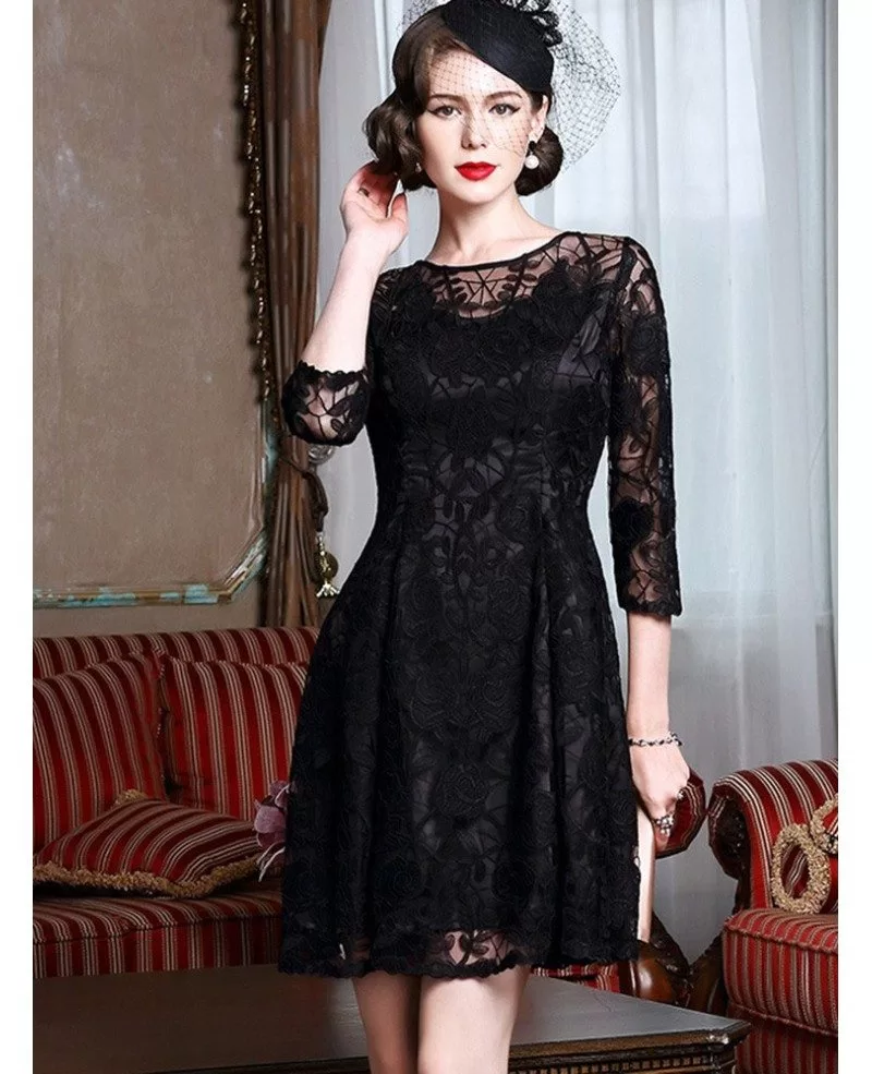 Classy Black Lace Fit And Flare Dress With Lace Sleeves For Weddings ZL8118 GemGrace