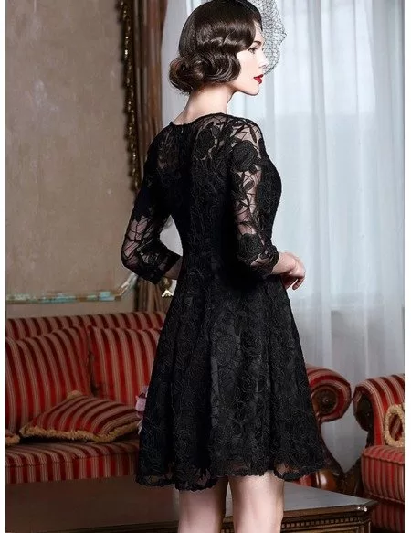 Classy Black Lace Fit And Flare Dress With Lace Sleeves For Weddings