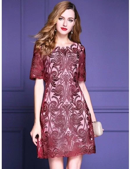 Classy Burgundy Short Sleeve Cocktail Dress For Over Weddings #ZL8126 ...