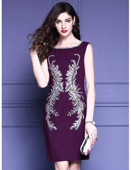 Unique Embroidery Pattern Purple Cocktail Dress Sleeveless For Weddings ...