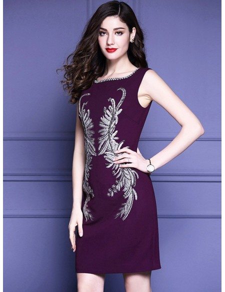 Unique Embroidery Pattern Purple Cocktail Dress Sleeveless For Weddings