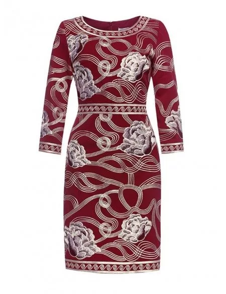 Vintage Embroidery Pattern Burgundy Short Dress With 3/4 Sleeves # ...