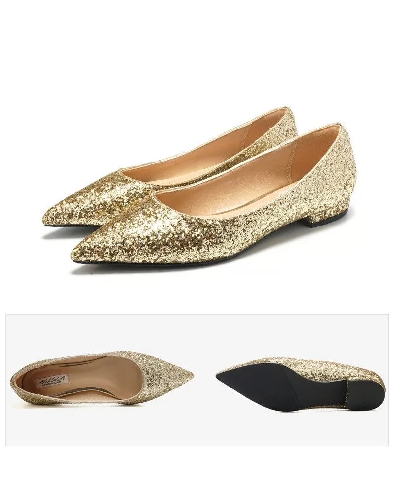 Glitter Gold Prom Flat Shoes Pointed 