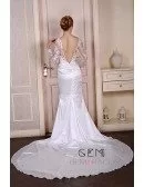 Mermaid Scoop Neck Cathedral Train Satin Wedding Dress With Appliquer Lace