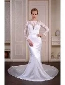 Mermaid Scoop Neck Cathedral Train Satin Wedding Dress With Appliquer Lace