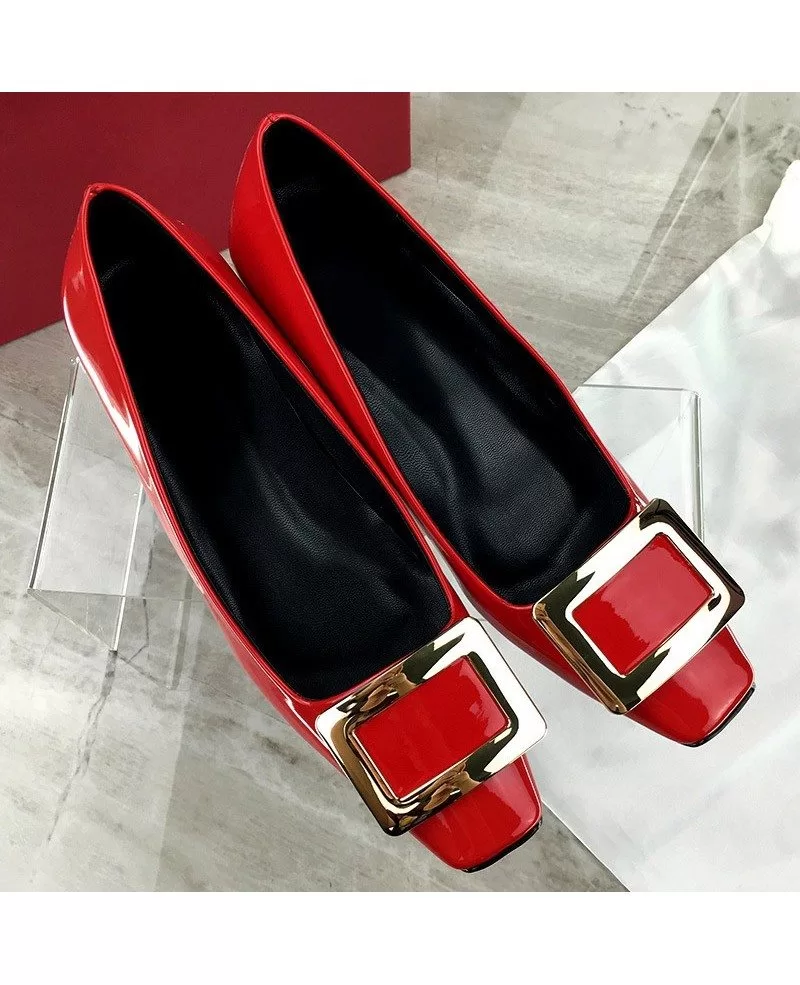 Simple Patent Leather Black Bridal Shoes With Block Kitten Heels ALA