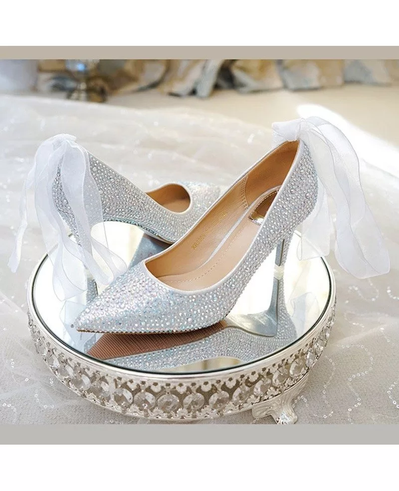 Sparkly Silver Cinderella Bridal Shoes With Ribbon ALA
