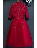 Retro Burgundy High Neck Lace Short Party Dress With Sleeves