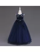 Princess A-line Navy Blue Cheap Flower Girl Dress With Lace Bodice