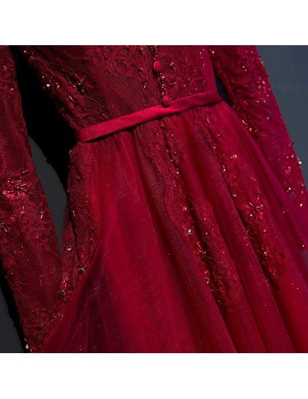 Unique Burgundy Long Lace Sleeve Prom Dress High Neck With Buttons