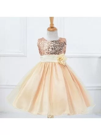 Bling-bling Princess Champagne Cheap Flower Girl Dress With Sequins