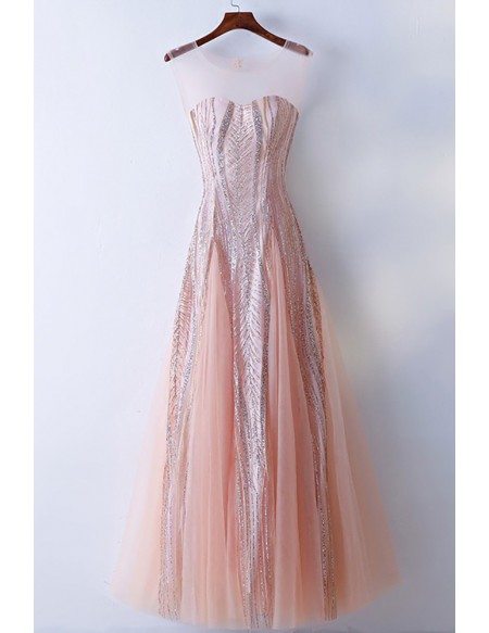 Unique Illusion Neckline Sparkly Pink Prom Dress Long Tulle