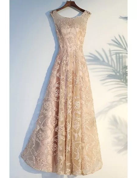 Formal Long Champagne Long Prom Party Dress Lace Sleeveless