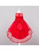 High Low Red Floral Cheap Flower Girl Dress With Lace Trim
