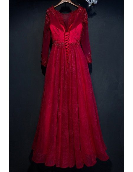 Burgundy Long Sleeve Lace Prom Dress With Corset Back