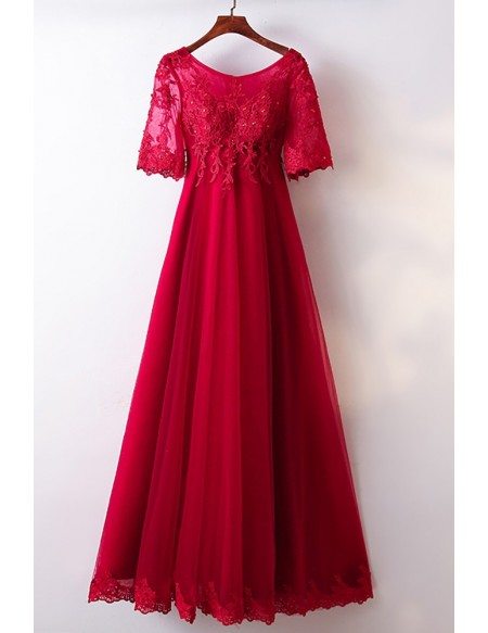 A Line Burgundy Lace Tulle Formal Party Dress With Short Sleeves # ...