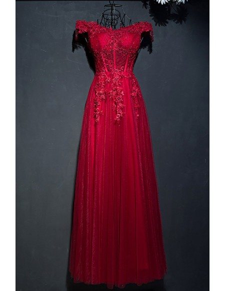 Retro Burgundy Corset Lace Long Formal Party Dress With Off Shoulder