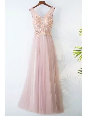 Gorgeous Pink Tulle Long Prom Dress Lace Sleeveless