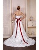 A-Line Strapless chapel Train Satin Wedding Dress With Beading Appliquer Lace Bow