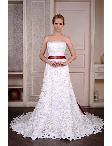 A-Line Strapless chapel Train Satin Wedding Dress With Beading Appliquer Lace Bow