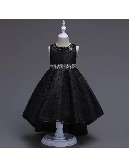 High Low Black Lace Flower Girl Dress With Beading Neck Waist