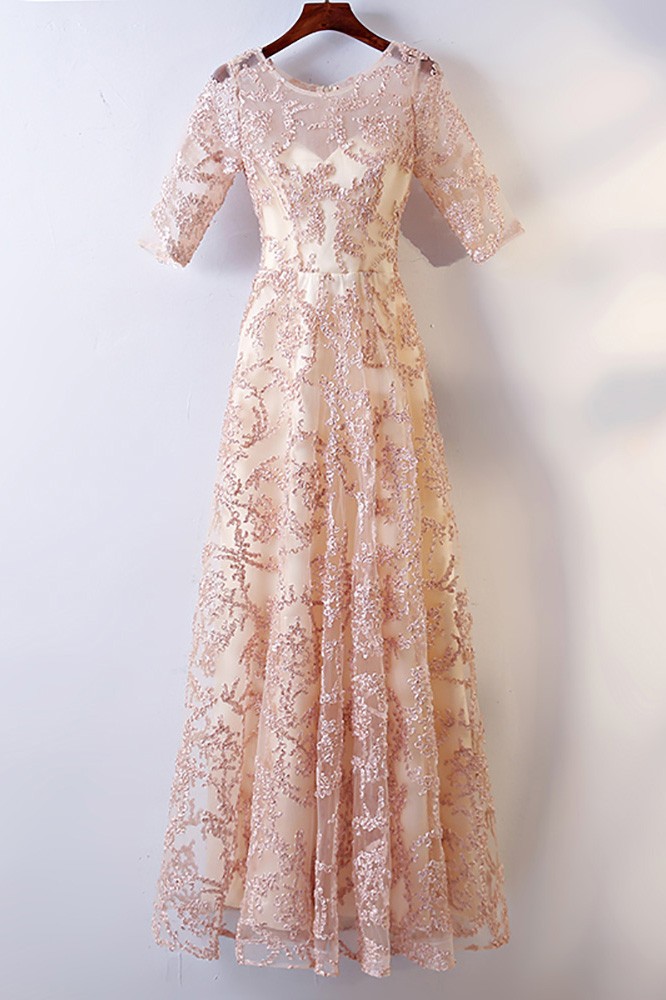 Long Champagne Lace Formal Party Dress With Sleeves For Weddings #MYX18014  - GemGrace.com
