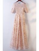 Long Champagne Lace Formal Party Dress With Sleeves For Weddings
