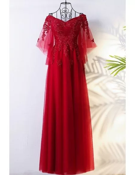 Flowy Burgundy Long Tulle Formal Party Dress With Butterfly Sleeves