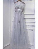 Classy Silver Long Tulle Prom Dress Lace Sleeveless