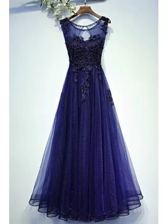 Navy Blue Lace Tulle Long Prom Dress A Line Sleeveless