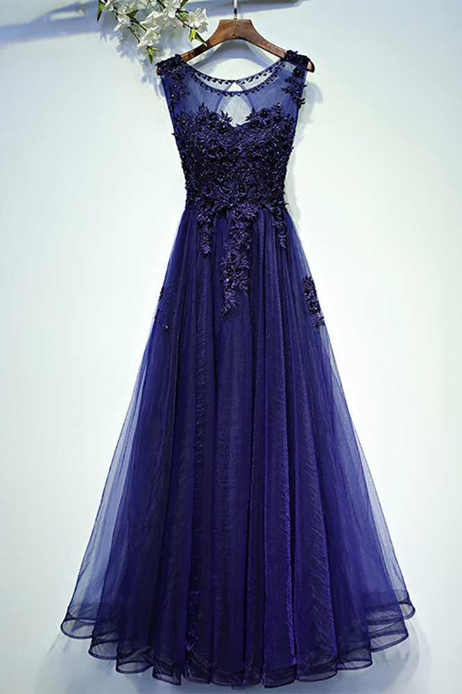 Navy Blue Lace Tulle Long Prom Dress A Line Sleeveless #MYX18019 ...