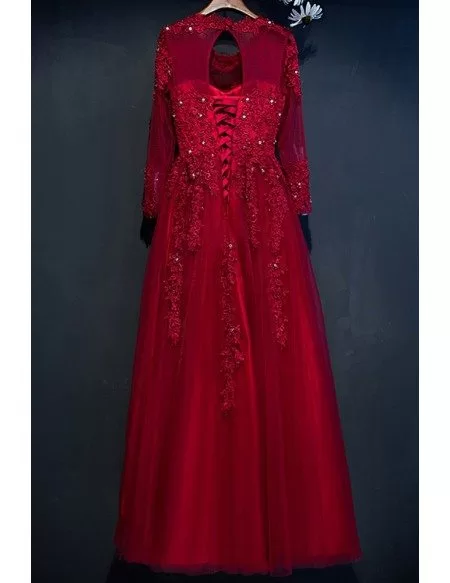 Modest Burgundy Long Sleeve Formal Party Dress With Lace For Weddings