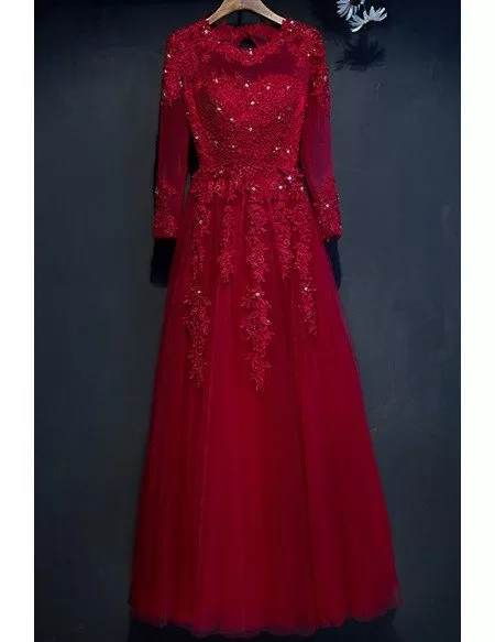 Modest Burgundy Long Sleeve Formal Party Dress With Lace For Weddings