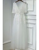 Elegant Long White Lace Prom Formal Dress V-neck With Sleeves