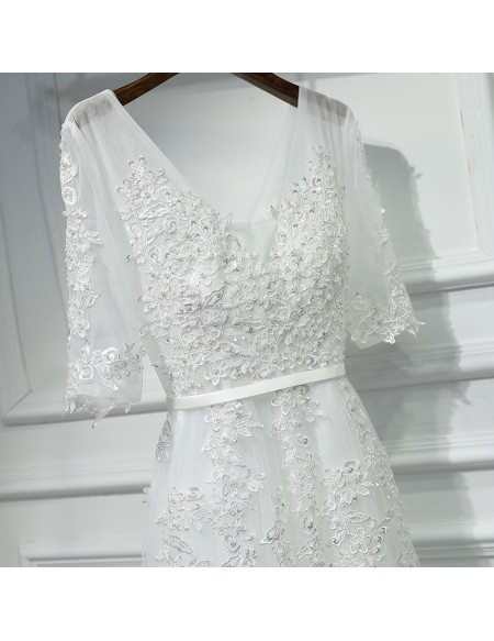 Elegant Long White Lace Prom Formal Dress V-neck With Sleeves