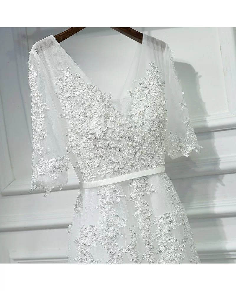 Elegant Long White Lace Prom Formal Dress V-neck With Sleeves #MYX18021 ...