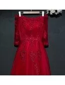 Burgundy Long Lace Formal Party Dress Off Shoulder With Sleeves