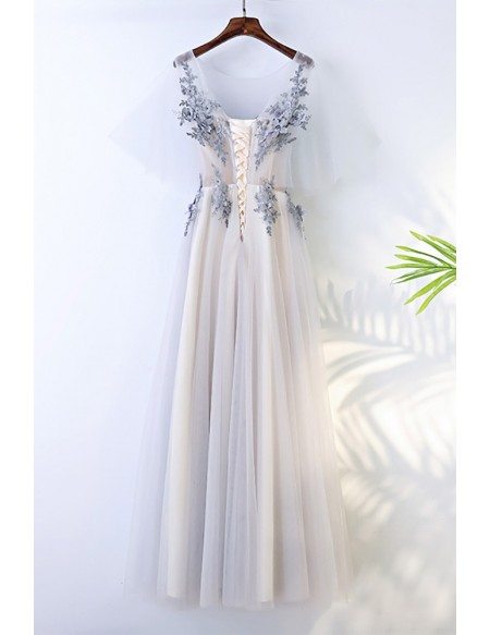 Gorgeous Grey Long Tulle Lace Prom Party Dress For Curvy Girls