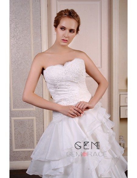 Ball-Gown Sweetheart Court Train Organza Wedding Dress With Beading Appliquer Lace Cascading Ruffles