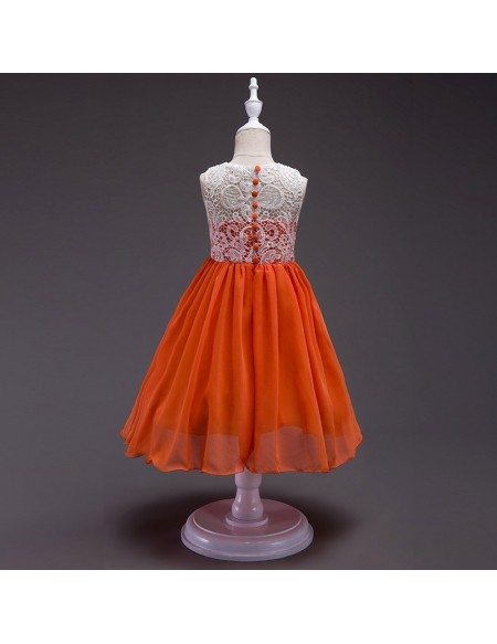 Simple Orange Chiffon Flower Girl Dress With White Lace Bodice