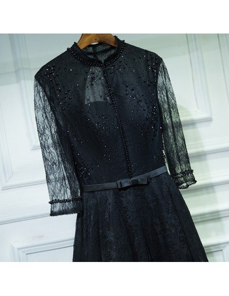 Vintage Chic Long Black High Neck Prom Dress With 3/4 Sleeves